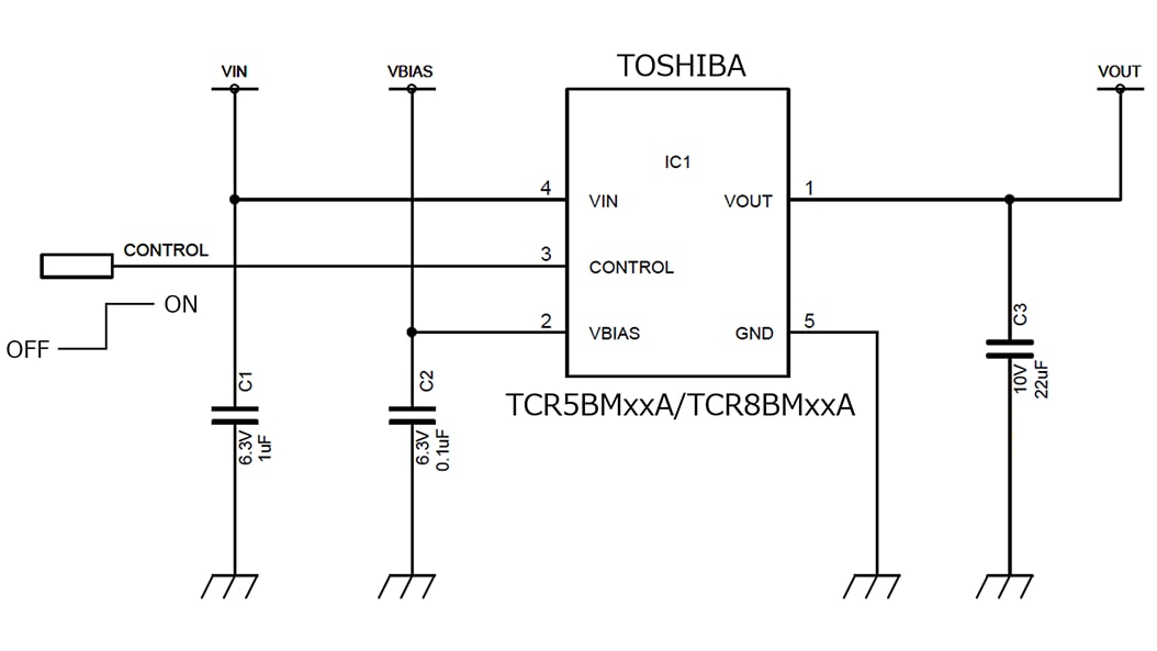 これは、LDOレギュレーターTCR5BM/8BMシリーズMCU向け電源回路の標準回路です。