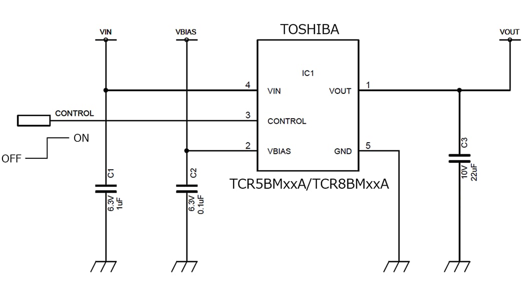これは、LDOレギュレーターTCR5BM/8BMシリーズRFブロック向け電源回路の標準回路です。