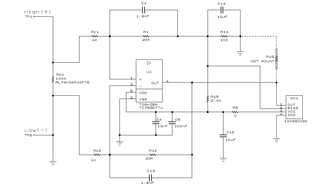 Diagram of application circuit of Low Noise Op-amp TC75S67TU for current sensor.