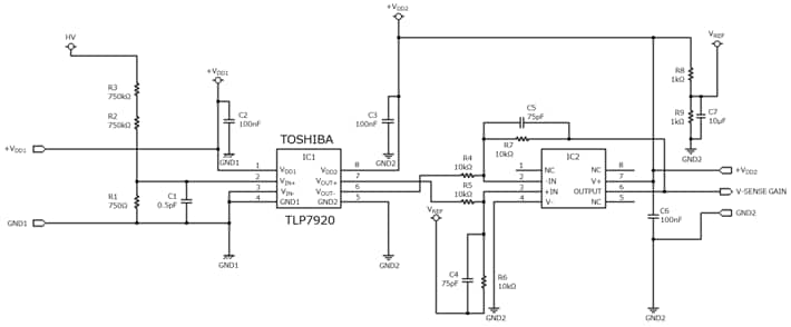 Applicatoin circuit diagram of application circuit (voltage sensing) of the TLP7920 isolation amplifier.