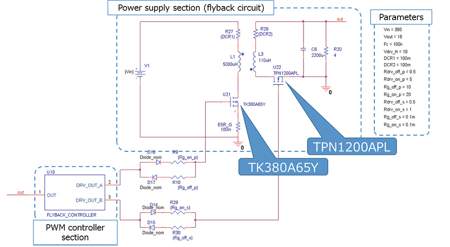 Circuit of flyback AC-DC power supply basic simulation circuit.