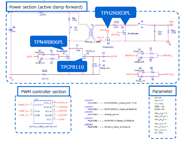 Circuit of active clamp forward DC-DC power supply basic simulation circuit.