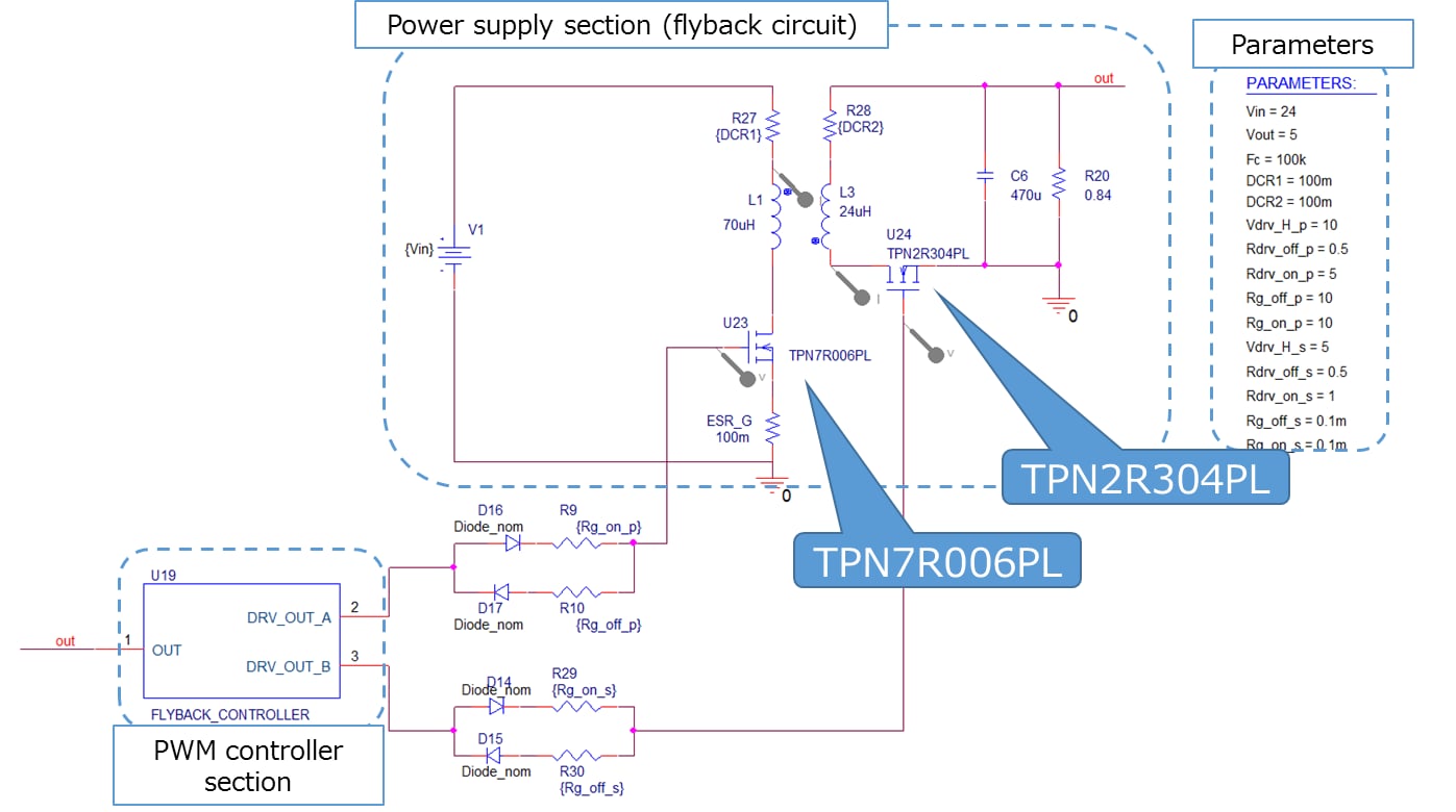 Circuit of flyback DC-DC power supply basic simulation circuit.