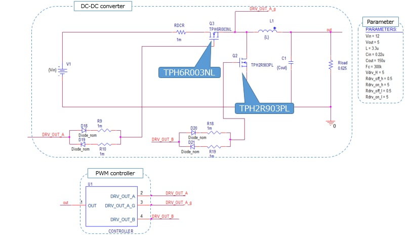 Circuit of Non-isolated Synchronous Buck DC-DC power supply basic simulation circuit.