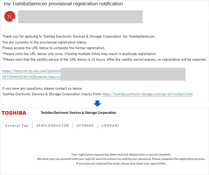 This image shows the email titled “my ToshibaSemicon provisional registration notification.”
