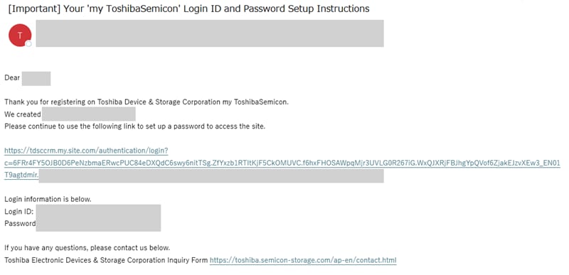 This image shows the email titled “Your my ToshibaSemicon login ID and Password Setup Instructions".