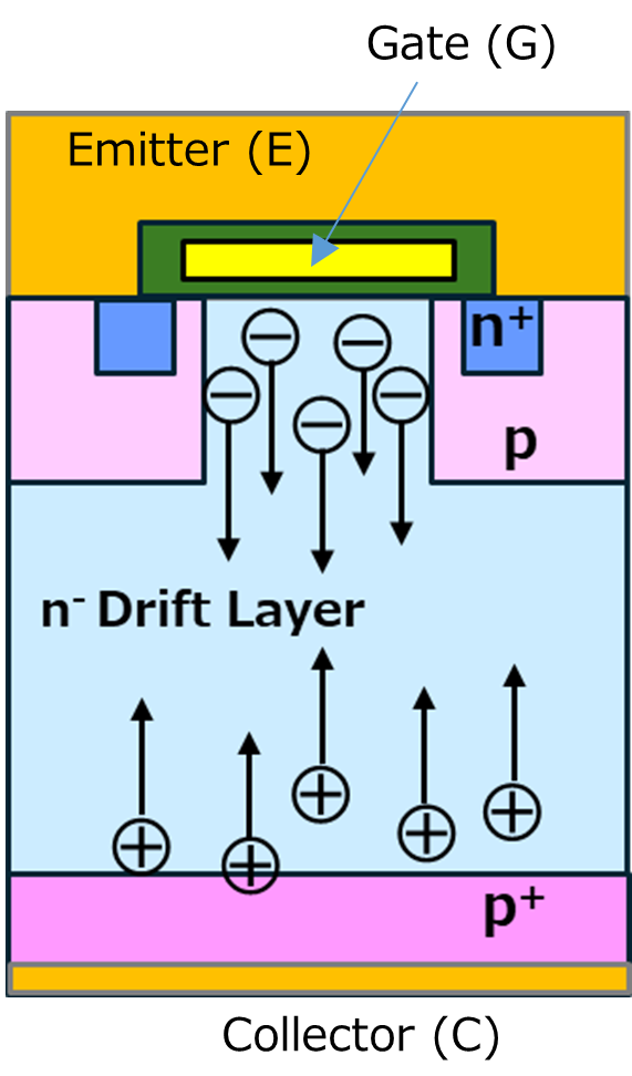 Fig. 3 Carrier movement during IGBT conductivity modulation：Holes are injected from the p+ collector layer into the n- layer, and electrons are also injected from the n+ emitter layer to maintain electrical neutrality. This increases the carrier concentration and reduces the resistance of the n- layer.