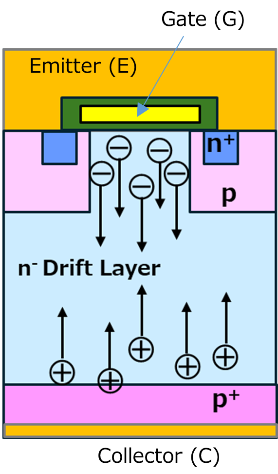 Schematic diagram showing carrier flow during conductivity modulation in an IGBT, where holes injected from the p+ collector side and electrons supplied from the n+ emitter side enter the n- drift region.