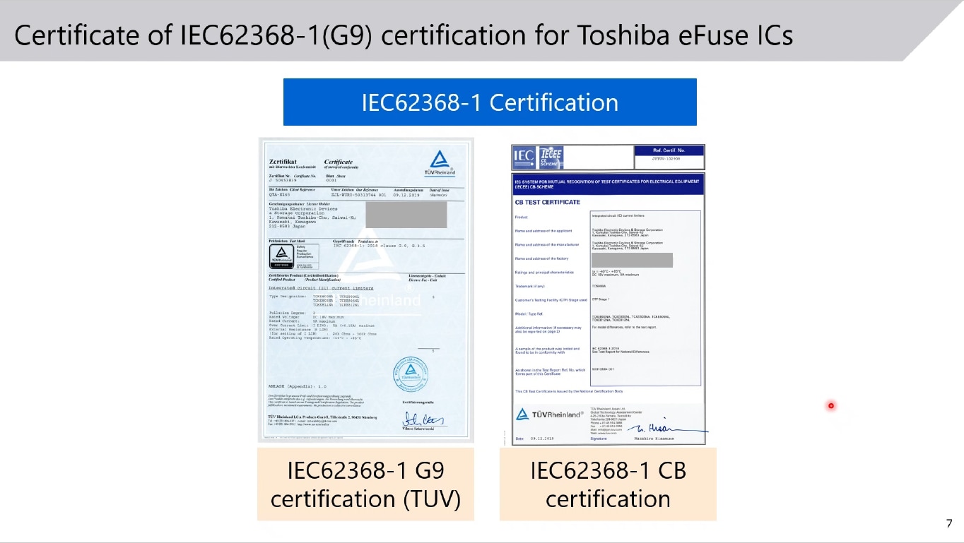 Cerfificate of IEC62368-1(G9) certification for Toshiba eFuse ICs